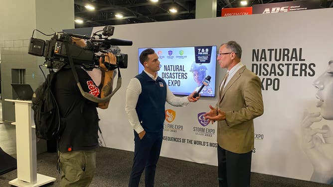 FOX Weather Correspondent Steve Bender interviews National Hurricane Center Branch Chief Christopher Landsea at the Natural Disaster Expo in Miami Beach on Feb. 7, 2022.
