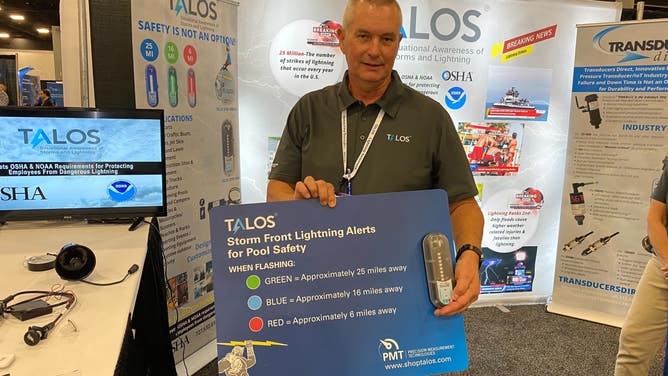 The handheild TALOS lightning detection system on display at the Natural Disaster Expo in Miami Beach on Feb. 7, 2022.