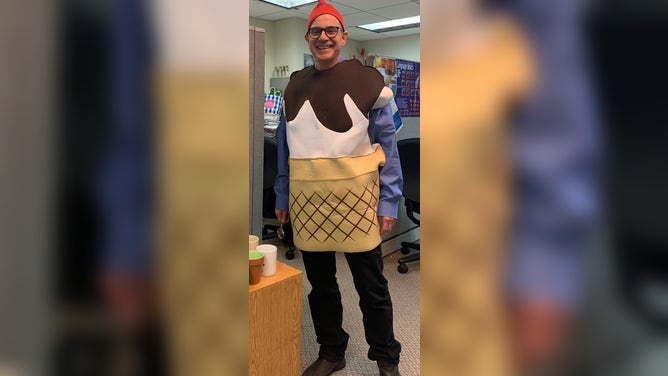 Joe Rappaport in an ice cream cone costume during an Ice Cream for Breakfast Day celebration in February 2020.