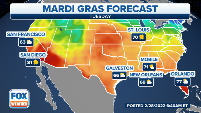 Forecast for Mardi Gras, Tuesday, March 1, 2022.