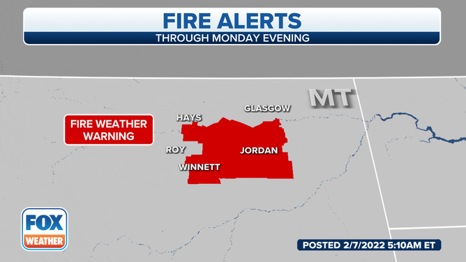 A Fire Weather Warning is in effect for parts of eastern Montana on Monday, Feb. 7, 2022.