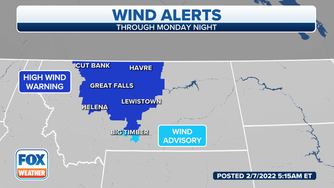 High Wind Warnings and Wind Advisories are in effect on Monday, Feb. 7, 2022.