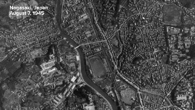 Aerial photographs of Nagasaki, Japan before and after the August 9th bombing.