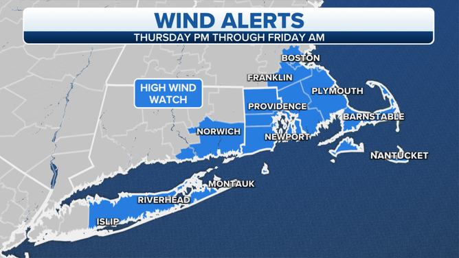 High Wind Watches are in effect for parts of eastern New England and Long Island.