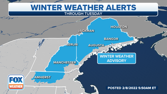 Winter Weather Advisories are in effect for parts of northern New England on Tuesday, Feb. 8, 2022.