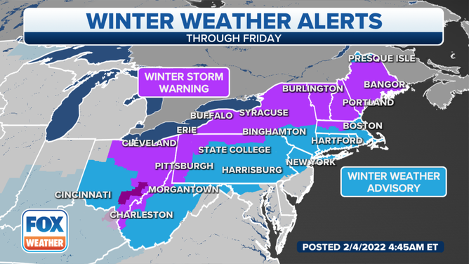 Winter Storm Warnings and Winter Weather Advisories remain in effect across Northeast on Friday, Feb. 4, 2022.
