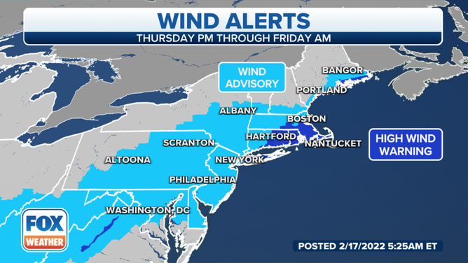 Wind alerts are in effect across the mid-Atlantic and Northeast.