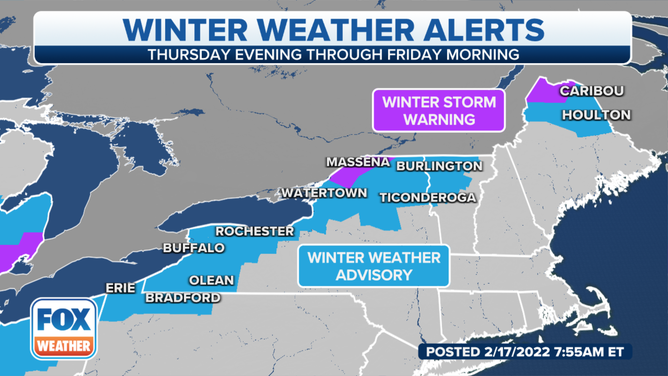 Winter Weather Advisories and Winter Storm Warnings are in effect through Friday morning, Feb. 18, 2022.