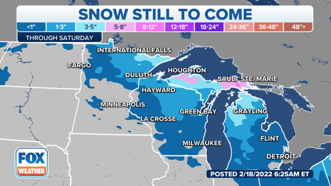 Snow forecast through Saturday, Feb. 19, 2022.