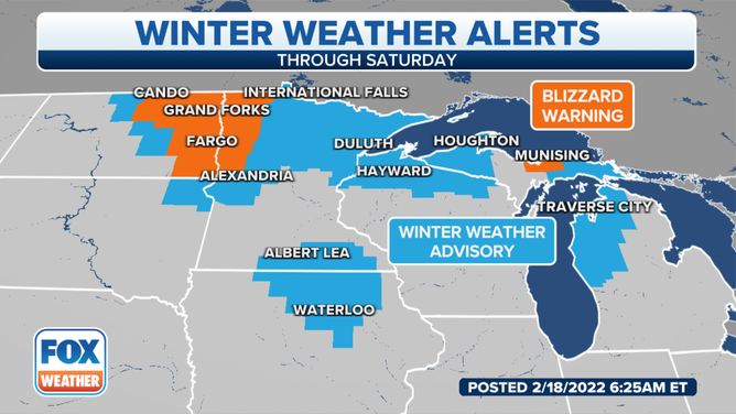 Blizzard Warnings and Winter Weather Advisories are in effect from the Northern Plains and upper Midwest to the northern Great Lakes on Friday, Feb. 18, 2022.