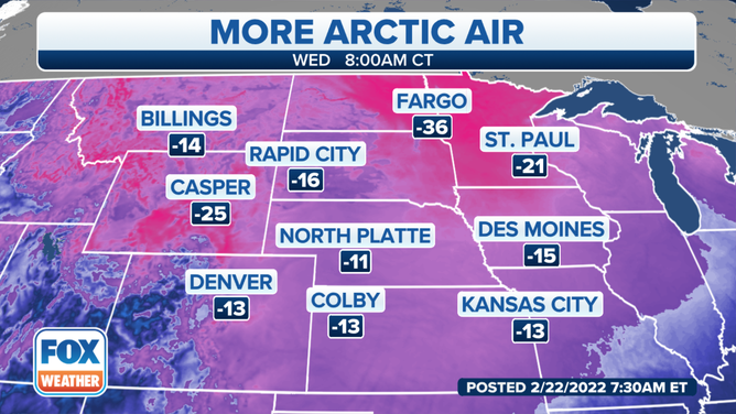 Hourly wind chill forecast for the Northern Plains.