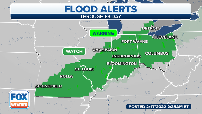 Flood Watches are in effect through Friday, Feb. 18, 2022.