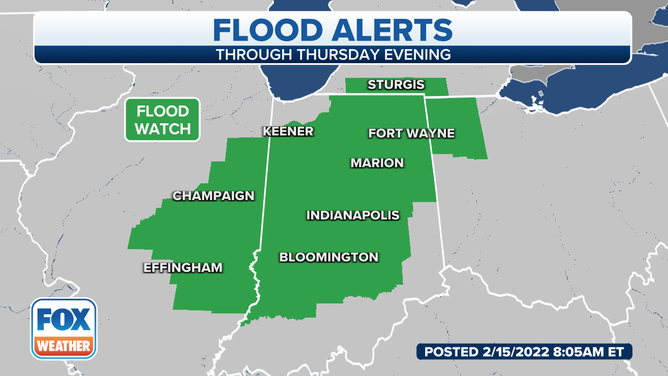 Flood Watches are in effect for portions of the southern Great Lakes and Ohio Valley.