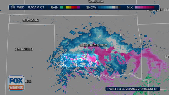 Doppler radar imagery from 8:10 a.m. Central time showed lightning strikes (inside the box) over parts of Oklahoma while sleet and freezing rain (shown in pink) were falling across the state.