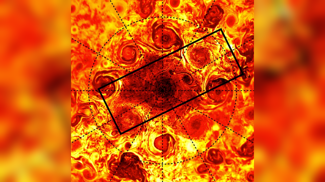 Cyclones at Jupiter's north pole taken in February 2017 by NASA's Juno spacecraft. 