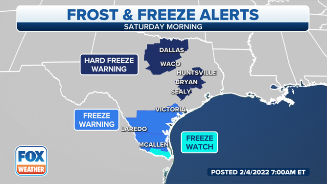 Freeze Watches and Warnings are in effect for parts of Texas for Saturday morning, Feb. 5, 2022.