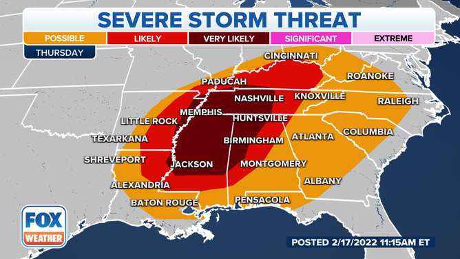 Severe storm threat on Thursday, Feb. 17, 2022.
