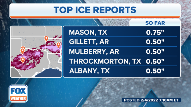 Top ice reports as of 7:10 a.m. Eastern time Friday, Feb. 4, 2022.