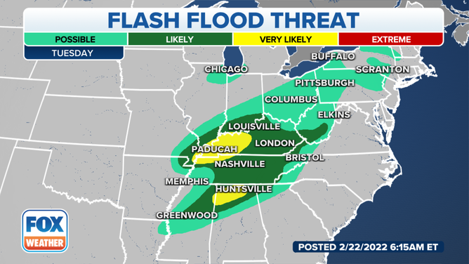 Flash flood threat on Tuesday, Feb. 22, 2022.