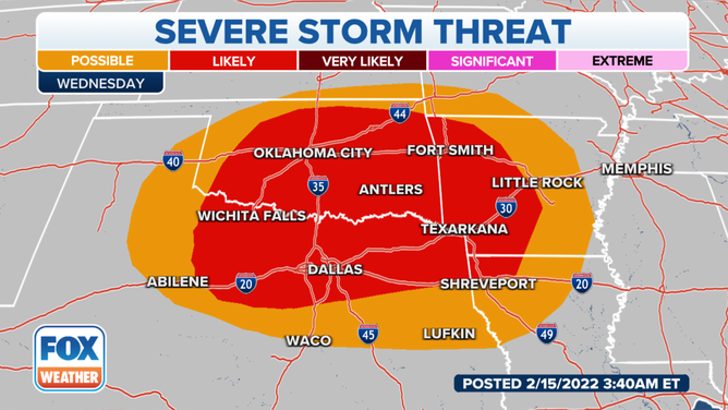 Severe storm threat on Wednesday, Feb. 16, 2022.