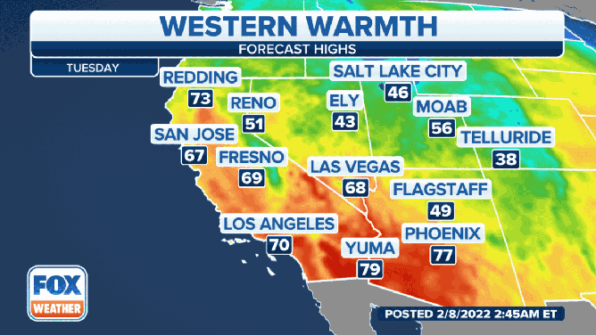 Forecast highs in the West Tuesday through Thursday.