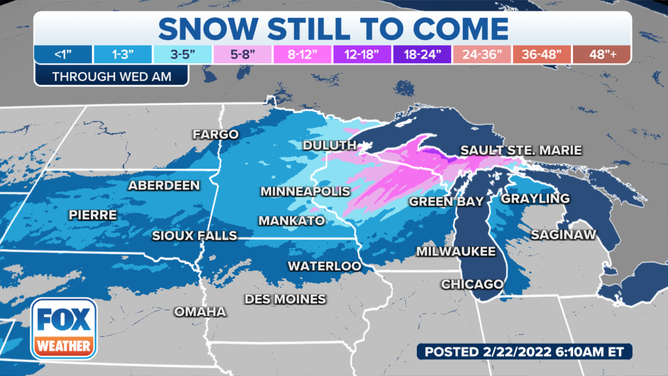 Snow forecast through Wednesday morning, Feb. 22, 2022.