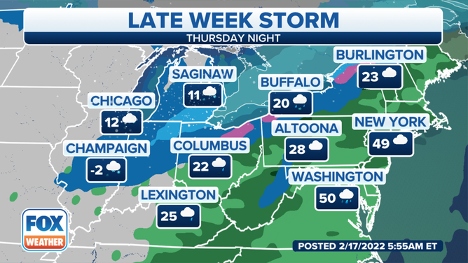 Forecast for Thursday night, Feb. 17, 2022.