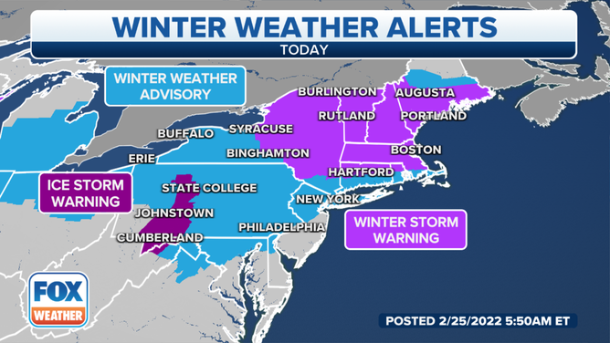 Various winter weather alerts are in effect across the Northeast on Friday, Feb. 25, 2022.