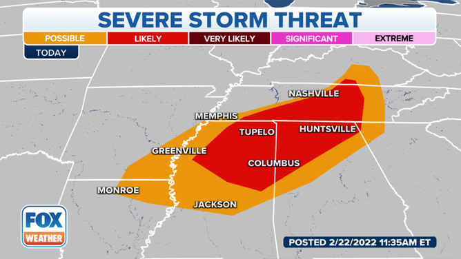 Severe storm threat on Tuesday, Feb. 22, 2022.