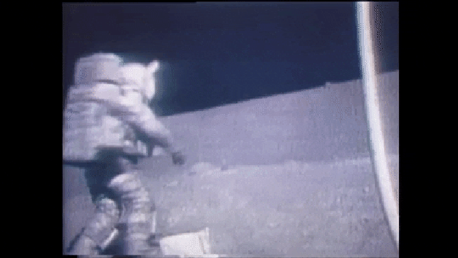 Apollo Astronaut Harrison Schmidt bouncing on the moon.