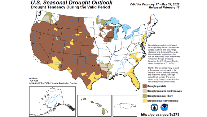 NOAA's seasonal drought outlook for spring 2022.