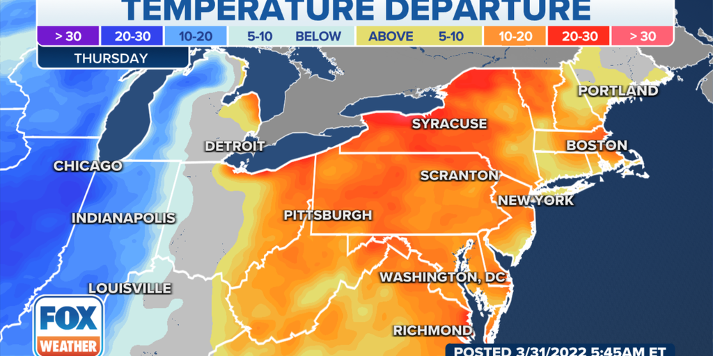 Warmth moves into Northeast on Thursday ahead of possible severe storms