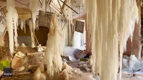 Massive icicles hang from destroyed Ukrainian school amid nearly week-long freeze