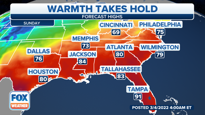 Forecast highs on Sunday, March 6, 2022.