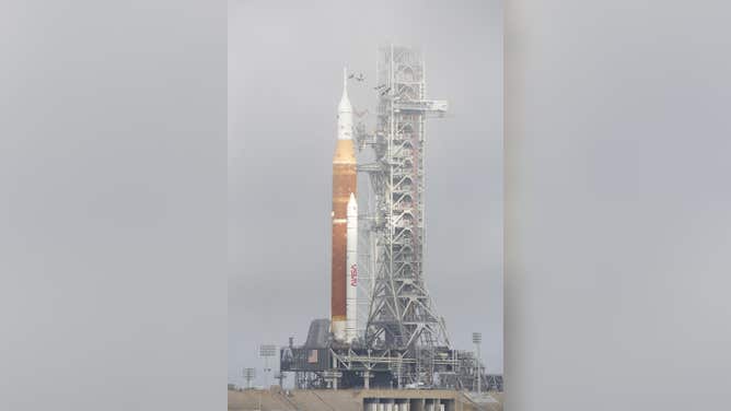 Fog surrounds the SLS and Orion at Kennedy Space Center Launch Complex 39B on March 18, 2022.