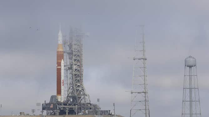 Fog surrounds the SLS and Orion at Kennedy Space Center Launch Complex 39B on March 18, 2022.