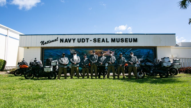 Retired Navy SEALs part of the Twistin' the Arm of the Frogman charity ride in Fort Pierce, Fla.