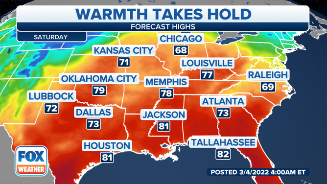 Forecast highs on Saturday, March 5, 2022.