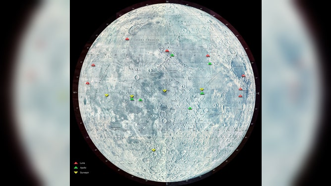 This map shows the locations of many spacecraft that have landed on the moon. Green triangles represent Apollo missions. Yellow are NASA Surveyor missions, and red are Russian Luna spacecraft. One of the Lunar Reconnaissance Orbiter's missions is to search for potential landing sites for future manned missions to the moon.