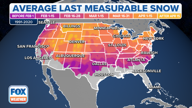 The colored contours indicate the average date of the season's last measurable snow (at least 0.1 inches) based on the most recent 30-year climatological averages (1991-2020).