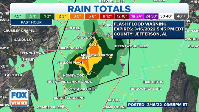 Estimated rainfall in Birmingham, Alabama 3/16/22