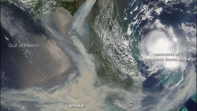 Smoke from the Bugaboo Scrub Fire in May 2007 as seen by the Moderate Resolution Imaging Spectroradiometer (MODIS) on NASA’s Terra satellite.