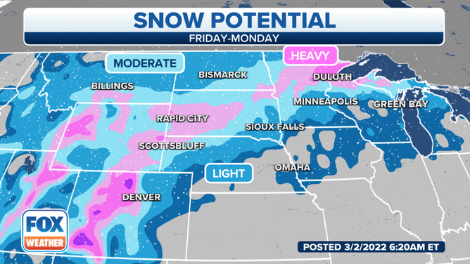 Snow potential in the central U.S. this weekend.