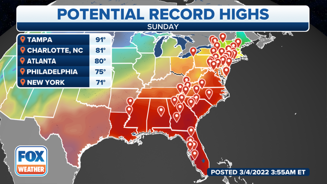 Potential record highs on Sunday, March 6, 2022.