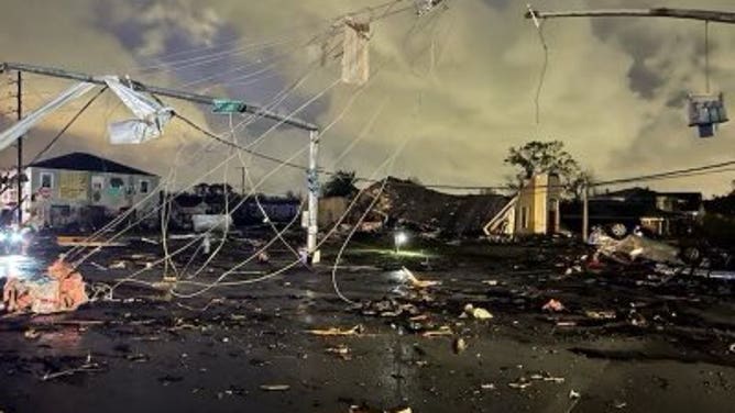 Damage is seen in Arabi, Louisiana, from a tornado on Tuesday, March 22, 2022.