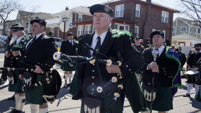 Bagpipe players at a St. Patrick's Day parade in Rockaway, New York City.