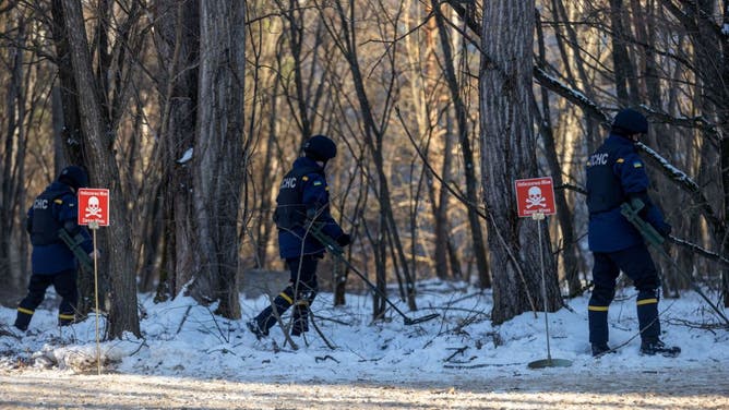 Members of the Ukrainian forces use metal detectors to look for mines during an urban combat training exercise, organised by the Ukraine Ministry of Internal Affairs, within the exclusion zone in the abandoned city of Pripyat, Ukraine, on Friday, Feb. 4, 2022.