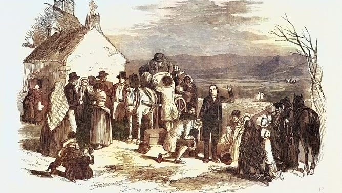 Irish Emigrants Leaving Home, the Priest's Blessing, Ireland, 18th century.