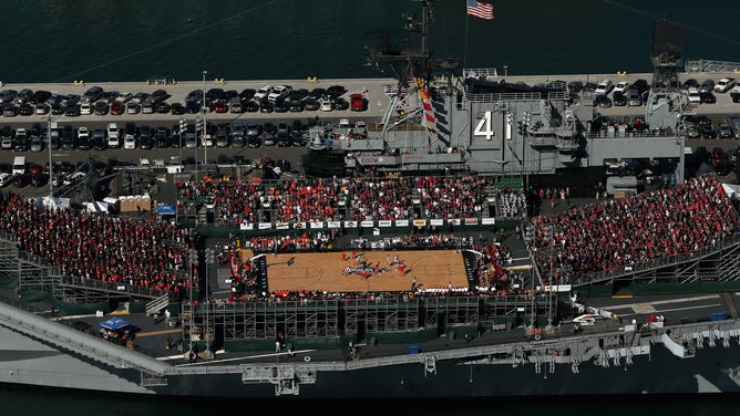 SAN DIEGO, CA - NOVEMBER 11: An aerial view of the Battle On The Midway college basketball game played between the Syracuse Orange and the San Diego State Aztecs on board the USS Midway on November 11, 2012 in San Diego, California. (Photo by Ezra Shaw/Getty Images)