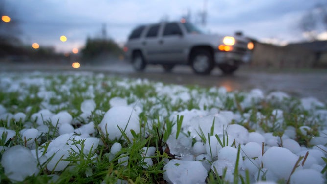 Hail scattered on the ground in March 2016 in Fort Worth, Texas.
